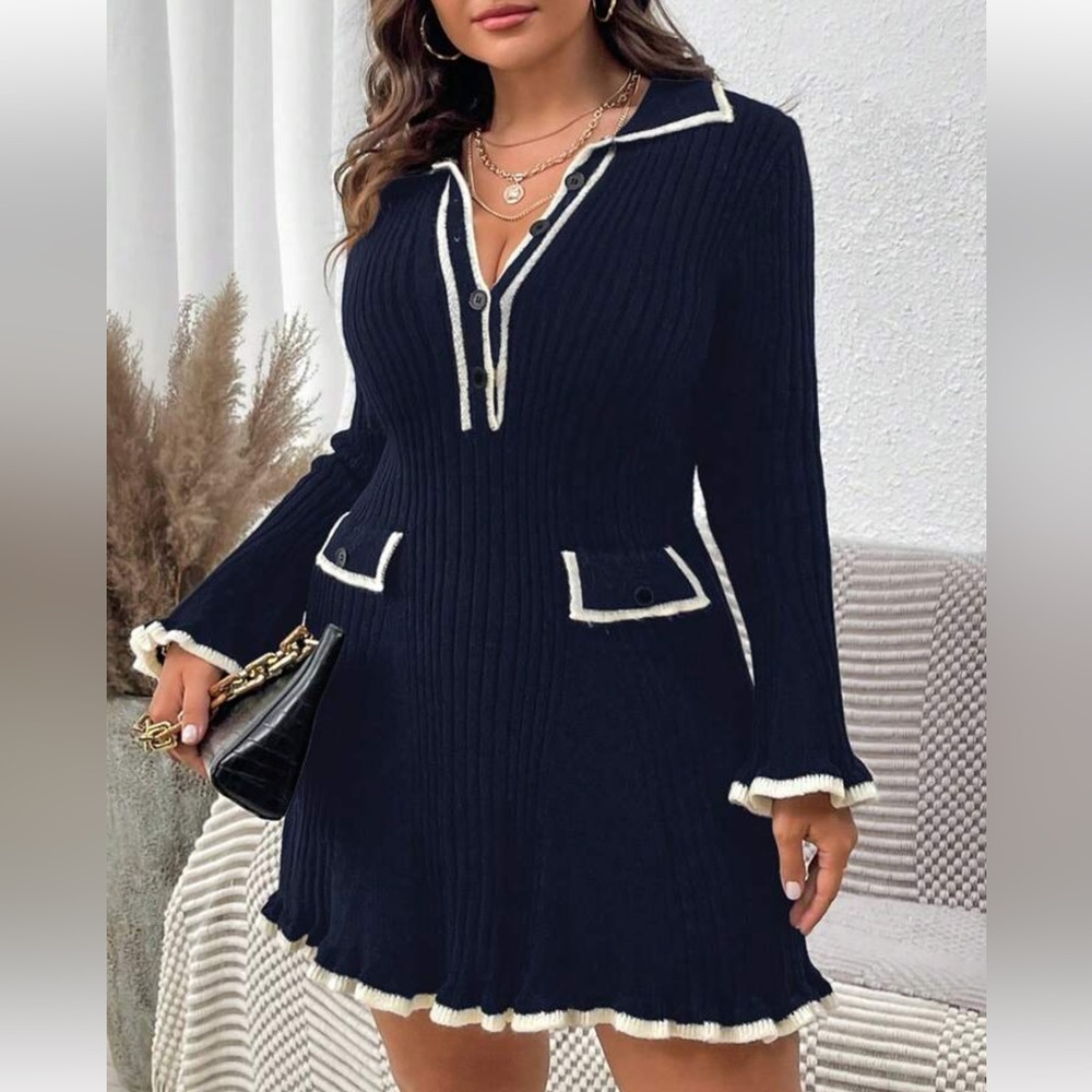 SHEIN RIBBED-KNIT RUFFLE SWEATER DRESS WOMENS XL NAVY BLUE BUTTON FRONT STRETCH